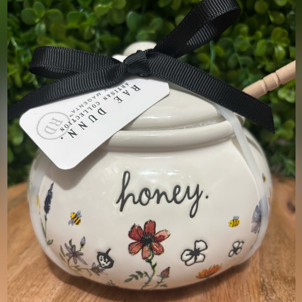 Rae Dunn  NWT white floral "honey." ceramic jar with dipper